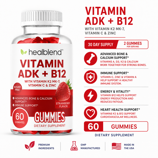 Vitamin ADK + B12 Gummies - High Potency Vitamin D3, A & B12 - Immune, Bone & Energy Support Supplement - Strawberry Flavor
