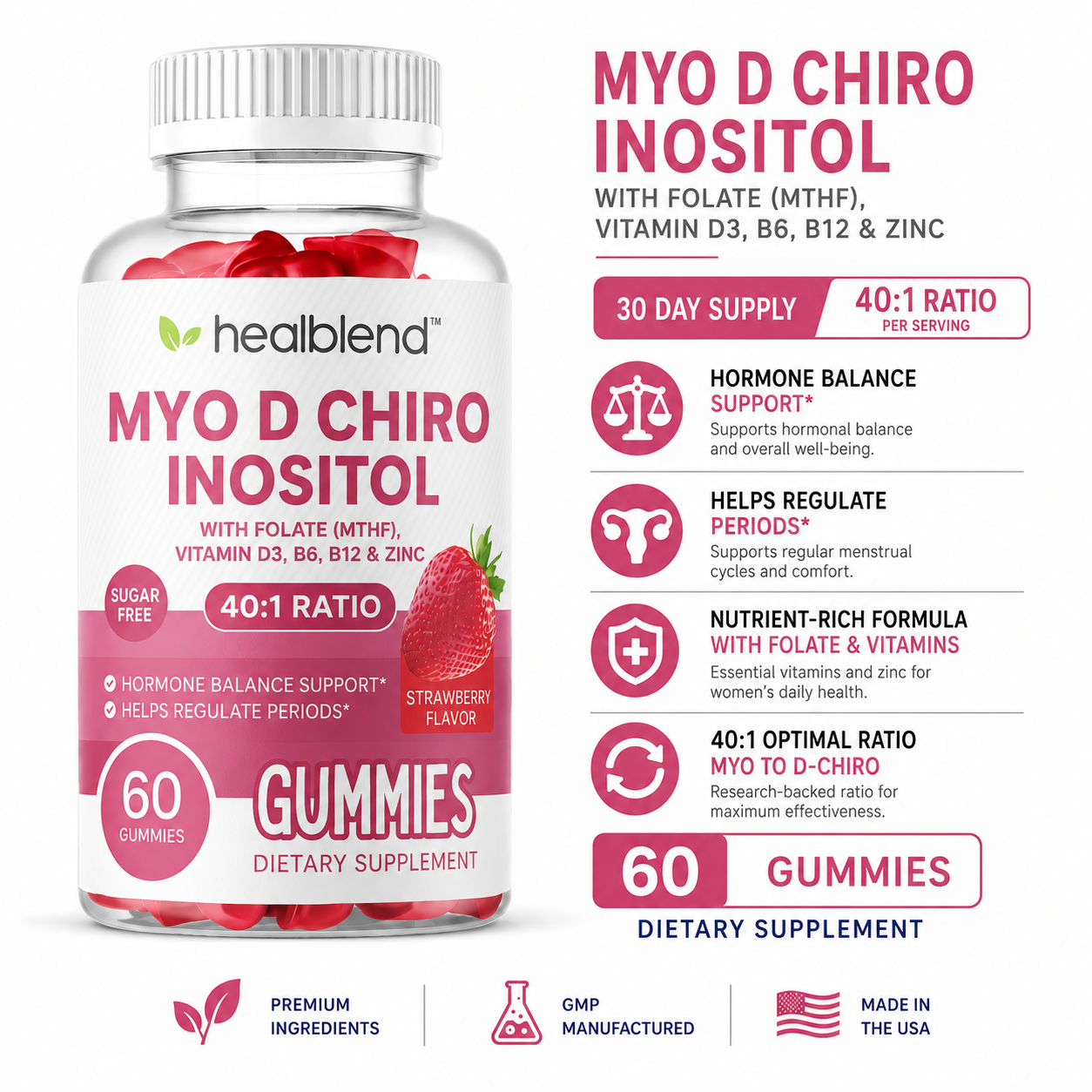 Myo-Inositol & D-Chiro Inositol PCOS Gummies for Hormone Balance & Fertility Support with Folate and Zinc, Strawberry Flavor, 60ct