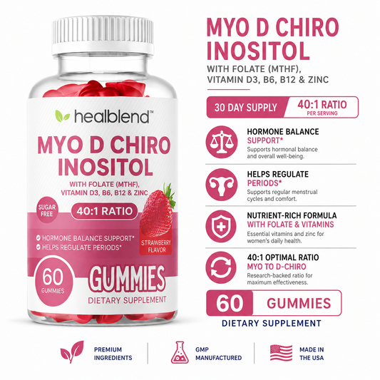 Myo-Inositol & D-Chiro Inositol PCOS Gummies for Hormone Balance & Fertility Support with Folate and Zinc, Strawberry Flavor, 60ct