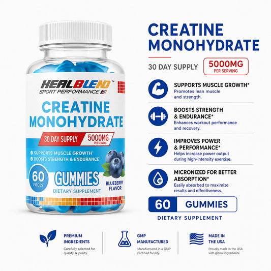 Creatine Monohydrate Gummies 5000mg, Muscle Growth, Strength & Endurance Support Blueberry Flavor, 60 Count