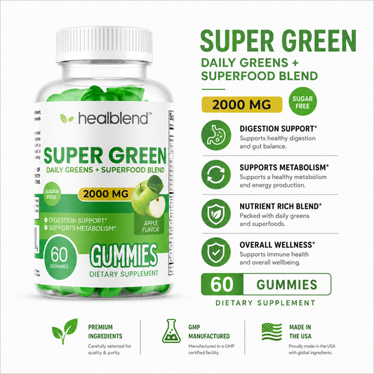 Super Green Gummies, 2000mg Daily Superfood Blend, Immune, Digestion & Metabolism Support - Apple Flavor, 60 Gummies