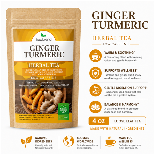 Ginger Turmeric Herbal Tea - Low Caffeine Loose Leaf Herbal Blend with Ginger & Turmeric, Warming & Soothing Wellness Tea, 4oz