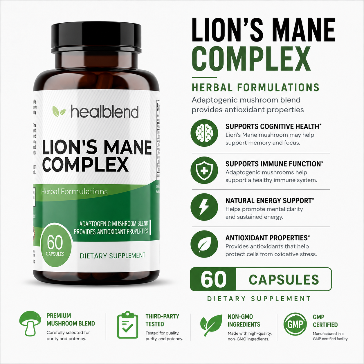Natural Lions Mane Complex with Blend Mushroom - Supports Immune System, Mental Clarity, Memory & Focus, Stimulates Mood - 60 Capsules