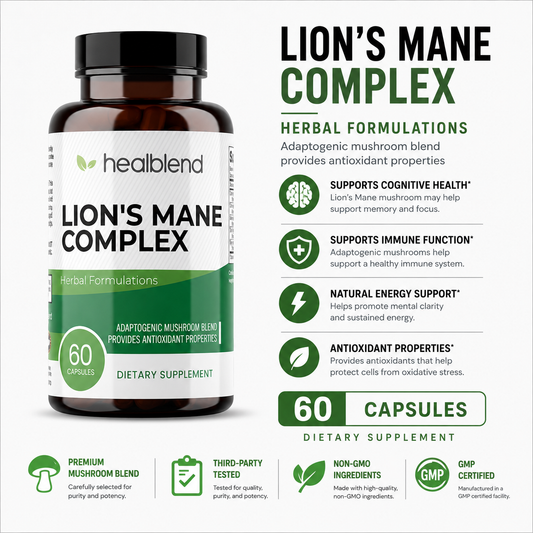 Natural Lions Mane Complex with Blend Mushroom - Supports Immune System, Mental Clarity, Memory & Focus, Stimulates Mood - 60 Capsules