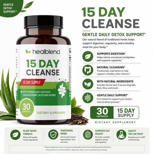 15 Day Cleanse & Detox Supplement - Natural Colon Cleanser with Senna, Cascara Sagrada, Aloe Vera & Probiotics for Bloating Relief - 30 Capsules