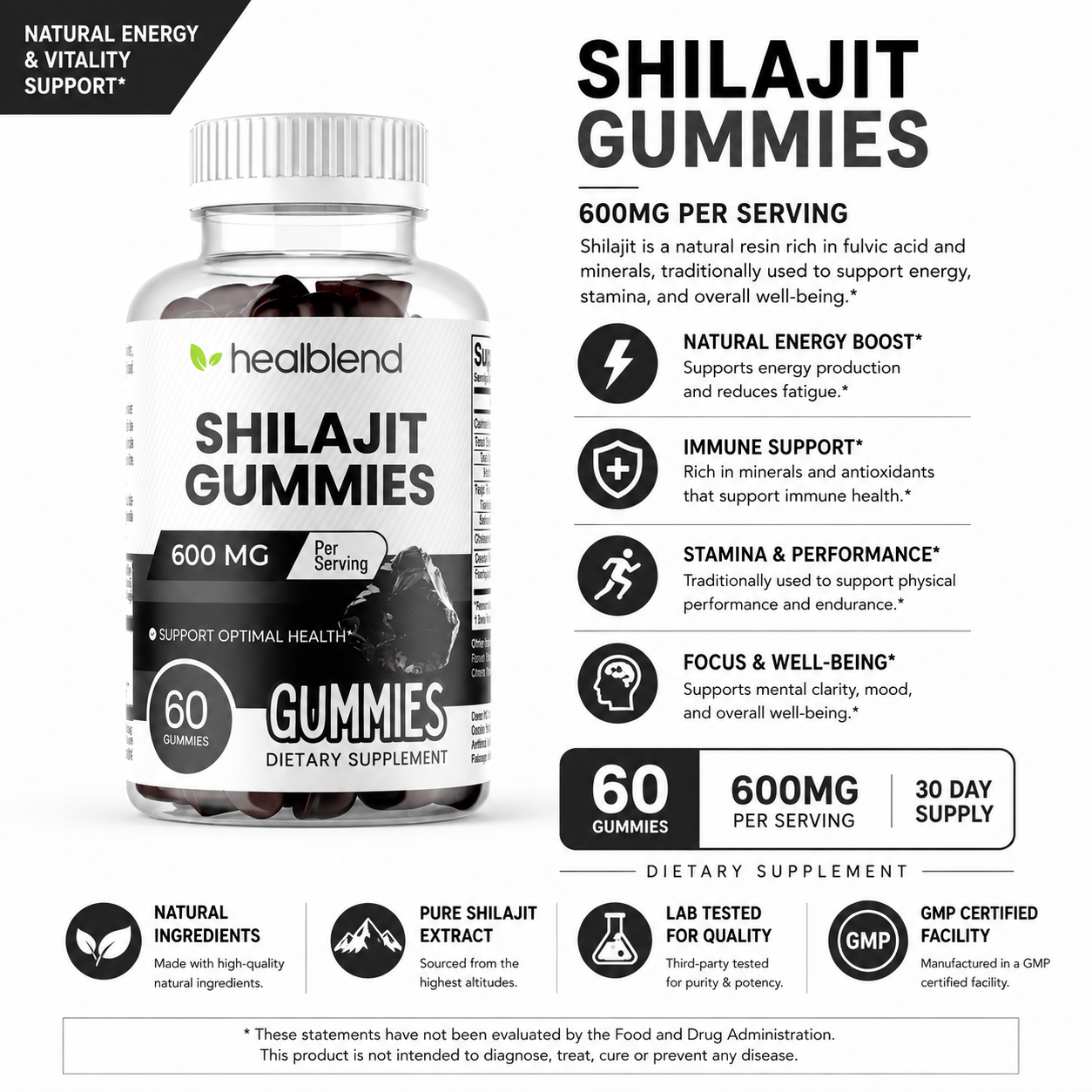 Organic Himalayan Shilajit Gummies 600mg - Optimal Health, Energy & Immunity Support for Men & Women, Natural Fruit Flavor - 60 Gummy
