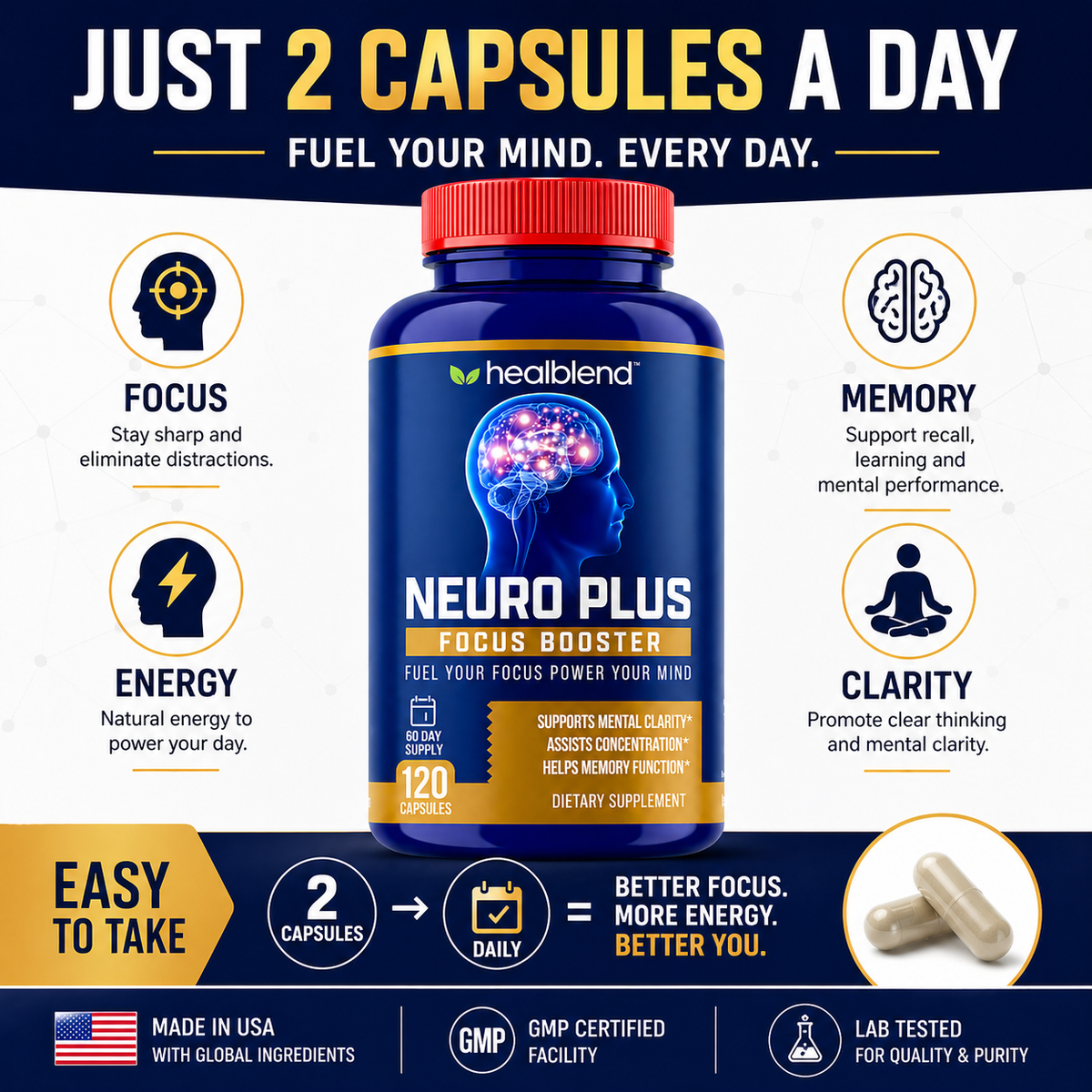 Neuro Plus Focus Booster - Advanced Brain Support Supplement with Vitamin B6, B12 - Improves Memory, Concentration & Cognitive Function – 120 Capsules