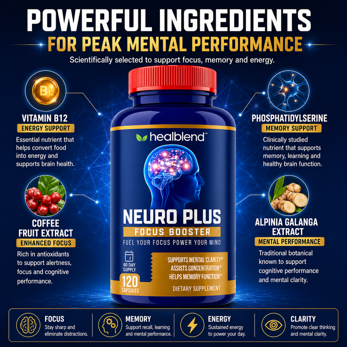 Neuro Plus Focus Booster - Advanced Brain Support Supplement with Vitamin B6, B12 - Improves Memory, Concentration & Cognitive Function – 120 Capsules