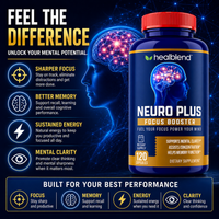 Neuro Plus Focus Booster - Advanced Brain Support Supplement with Vitamin B6, B12 - Improves Memory, Concentration & Cognitive Function – 120 Capsules