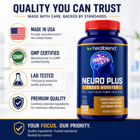 Neuro Plus Focus Booster - Advanced Brain Support Supplement with Vitamin B6, B12 - Improves Memory, Concentration & Cognitive Function – 120 Capsules