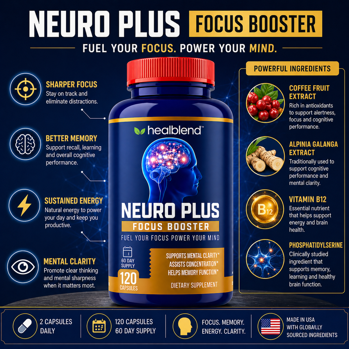 Neuro Plus Focus Booster - Advanced Brain Support Supplement with Vitamin B6, B12 - Improves Memory, Concentration & Cognitive Function – 120 Capsules