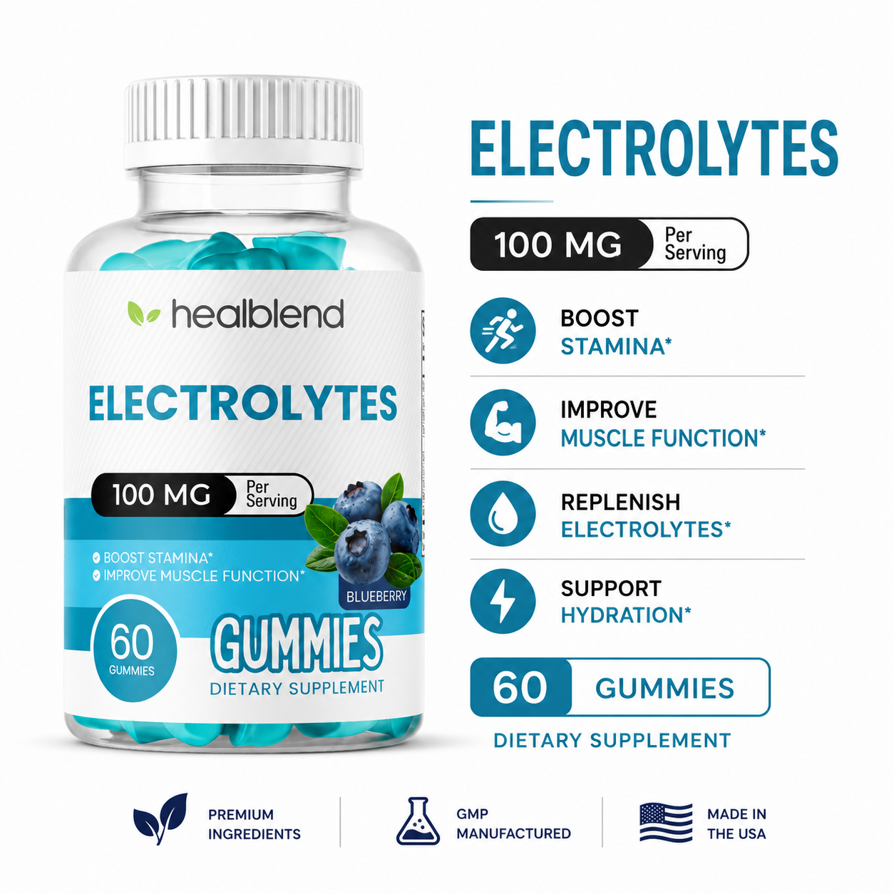Electrolyte Gummies 100mg, Blueberry Flavor, Hydration Support for Stamina, Muscle Function & Recovery, 60 Count