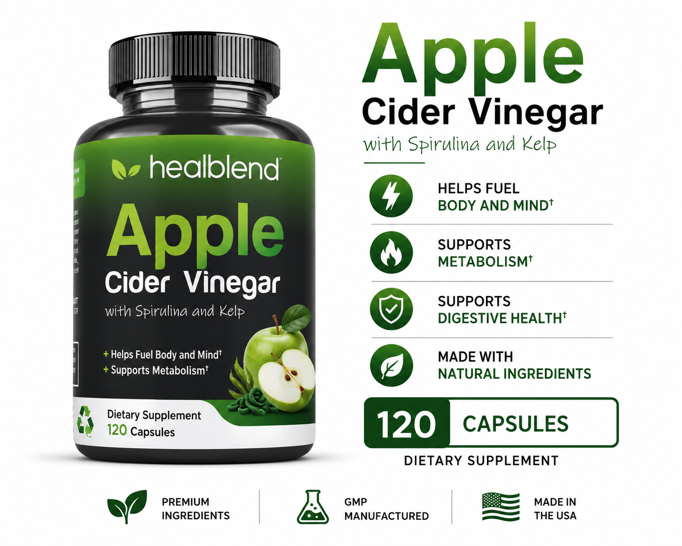 Apple Cider Vinegar - Support Weight Management, Metabolism, Detox & Cleanse - Includes Apple Pectin, Spirulina & Kelp - 120 Capsules
