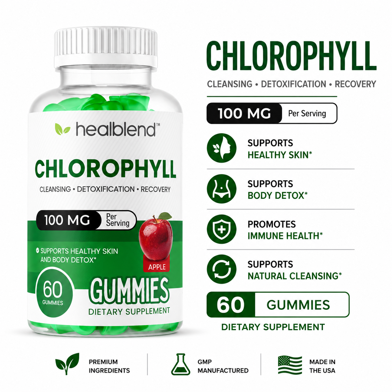 Chlorophyll Gummies 100mg - Body Detox & Skin Health - Natural Apple Flavor - Energy & Immune Support Supplement - 60 Gummies