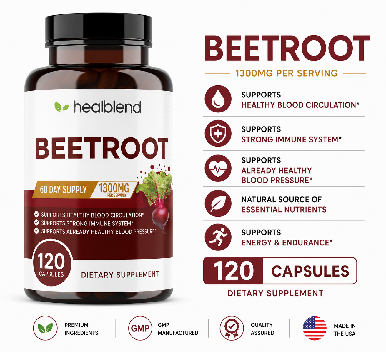 Organic Beet Root Capsules 1300mg - Nitric Oxide Booster, Beets Support Healthy Blood Pressure, Heart Health, Circulation Superfood - 120 Count