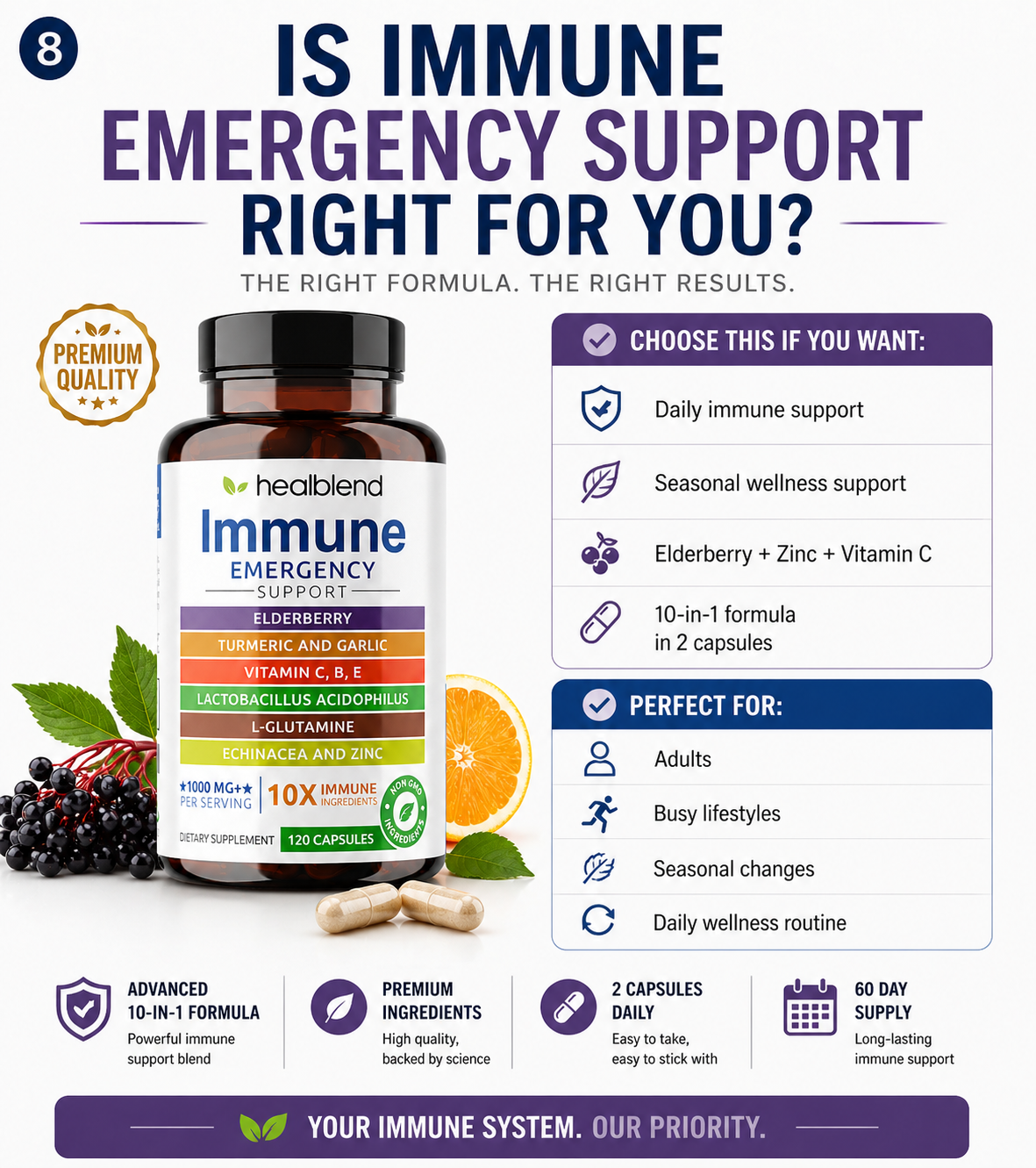 Healblend Immune Emergency Support supplement bottle shown on a promotional infographic with text about immune support benefits, icons, and usage information.