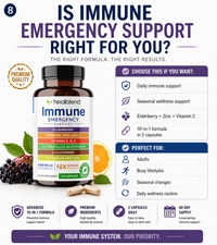 Healblend Immune Emergency Support supplement bottle shown on a promotional infographic with text about immune support benefits, icons, and usage information.