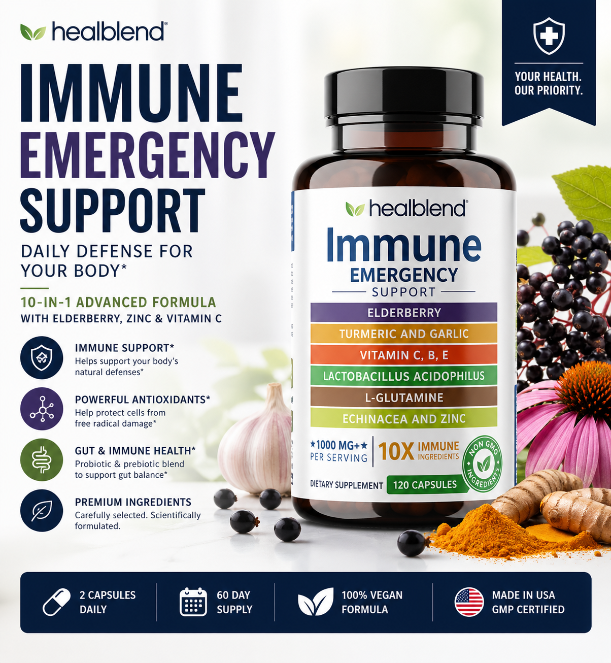 Healblend Immune Emergency Support dietary supplement bottle shown on a promotional graphic with berries, ginger, turmeric, and text callouts about immune support benefits.