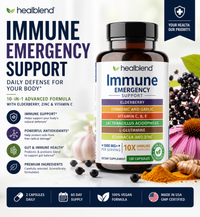 Healblend Immune Emergency Support dietary supplement bottle shown on a promotional graphic with berries, ginger, turmeric, and text callouts about immune support benefits.