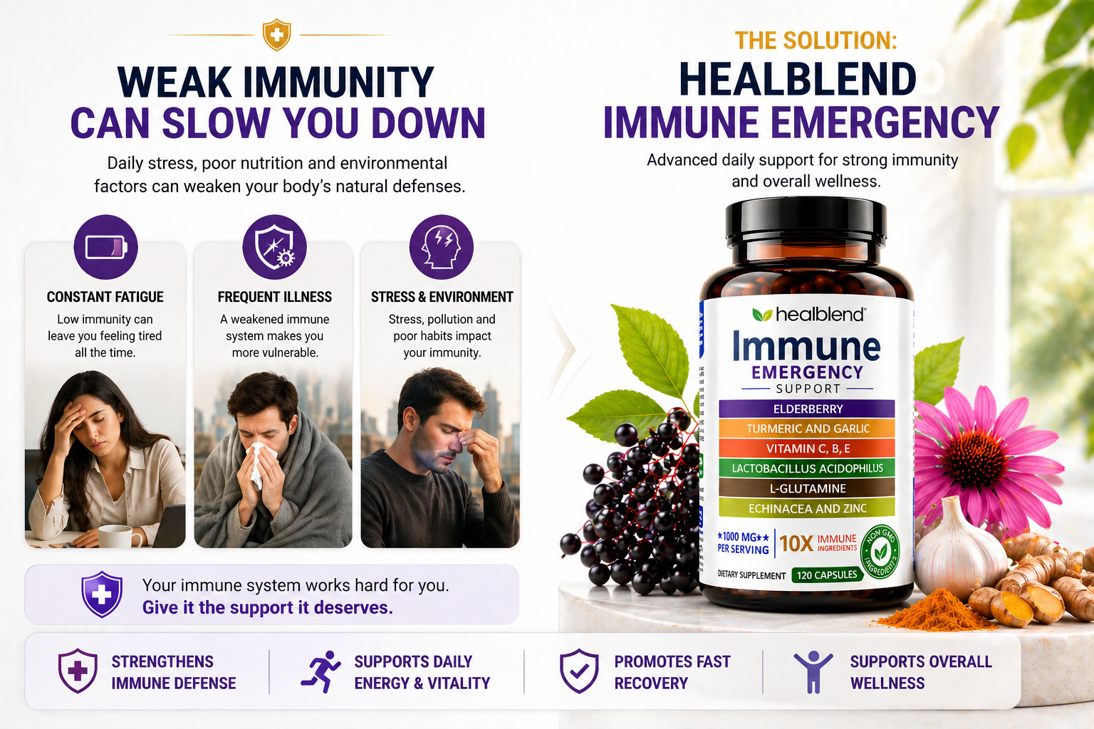 Healblend Immune Emergency supplement bottle shown on a white promotional graphic with benefit text, small wellness photos, and fruit/flower props. The product itself is a dark bottle with a white label featuring multicolored ingredient bands.