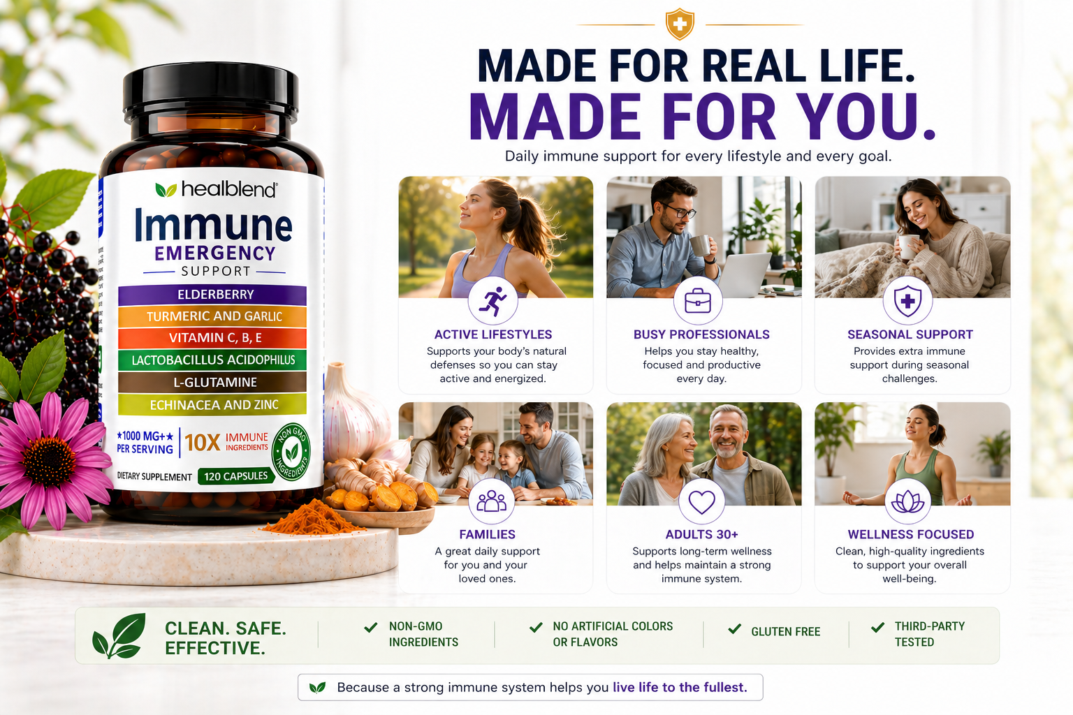 Heal blend Immune Emergency Support supplement bottle shown on a styled flat-lay with a flower and herbs, alongside marketing text and small lifestyle photos of people using the product.