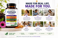 Heal blend Immune Emergency Support supplement bottle shown on a styled flat-lay with a flower and herbs, alongside marketing text and small lifestyle photos of people using the product.
