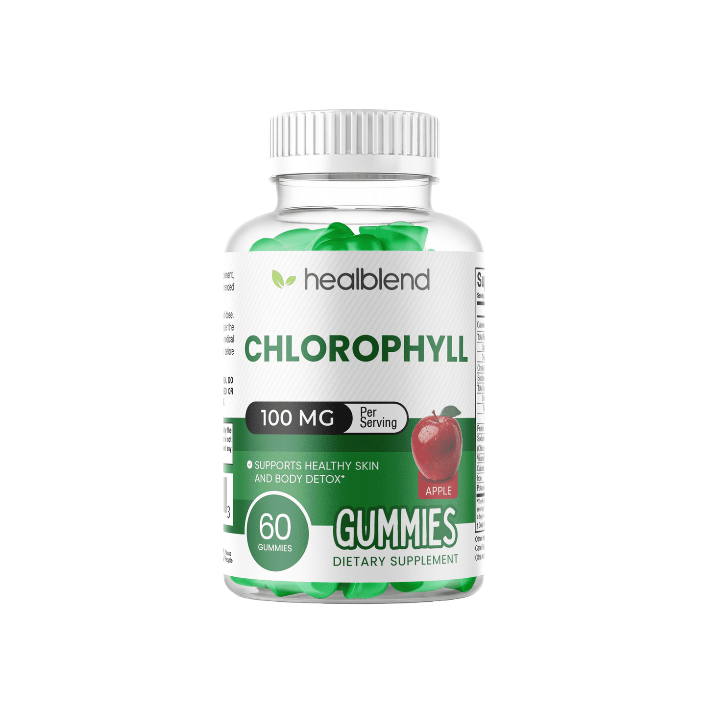 Chlorophyll Gummies 100mg - Body Detox & Skin Health - Natural Apple Flavor - Energy & Immune Support Supplement - 60 Gummies
