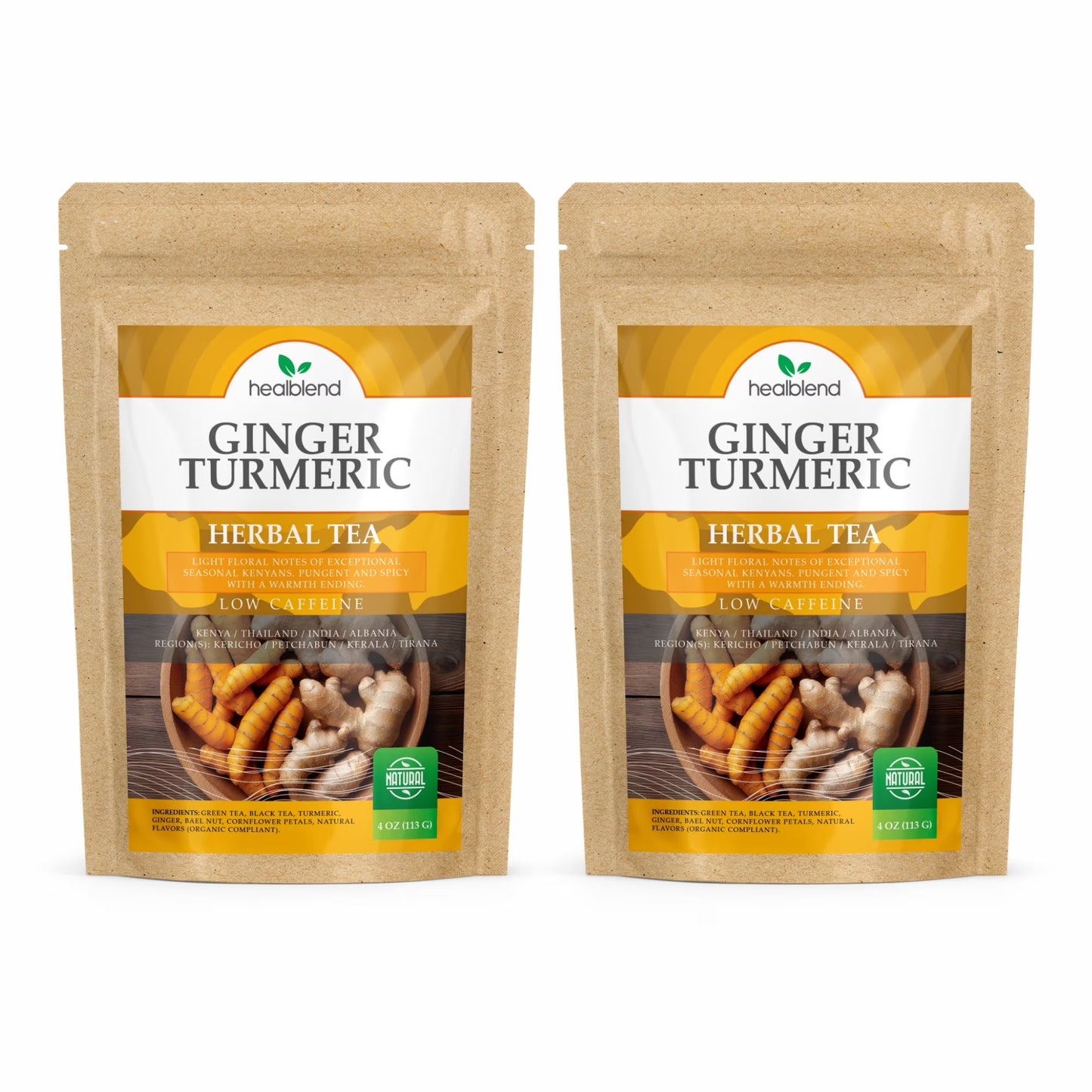 Ginger Turmeric Herbal Tea - Low Caffeine Loose Leaf Herbal Blend with Ginger & Turmeric, Warming & Soothing Wellness Tea, 4oz