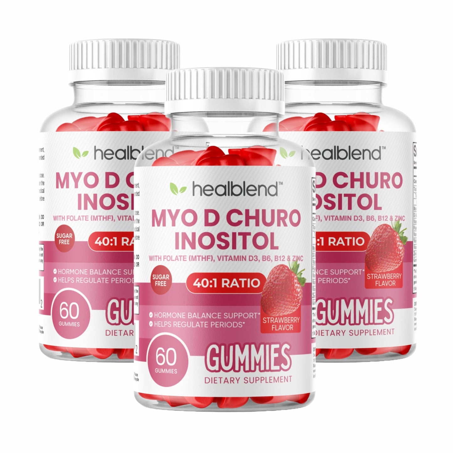 Myo-Inositol & D-Chiro Inositol PCOS Gummies for Hormone Balance & Fertility Support with Folate and Zinc, Strawberry Flavor, 60ct