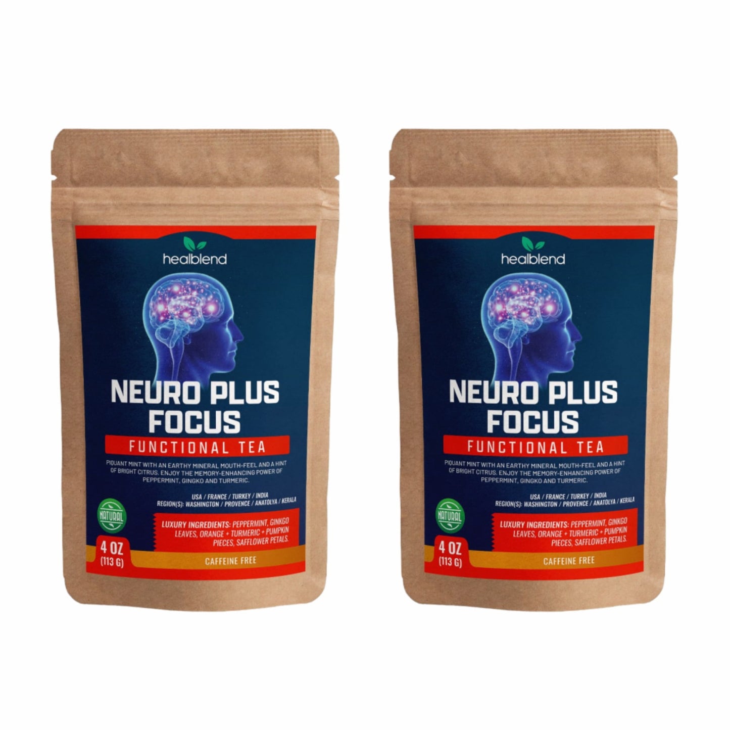 Neuro Plus Focus & Memory Herbal Tea - Natural Brain Support with Ginkgo, Peppermint & Turmeric - Caffeine-Free Loose-Leaf Blend - 4oz