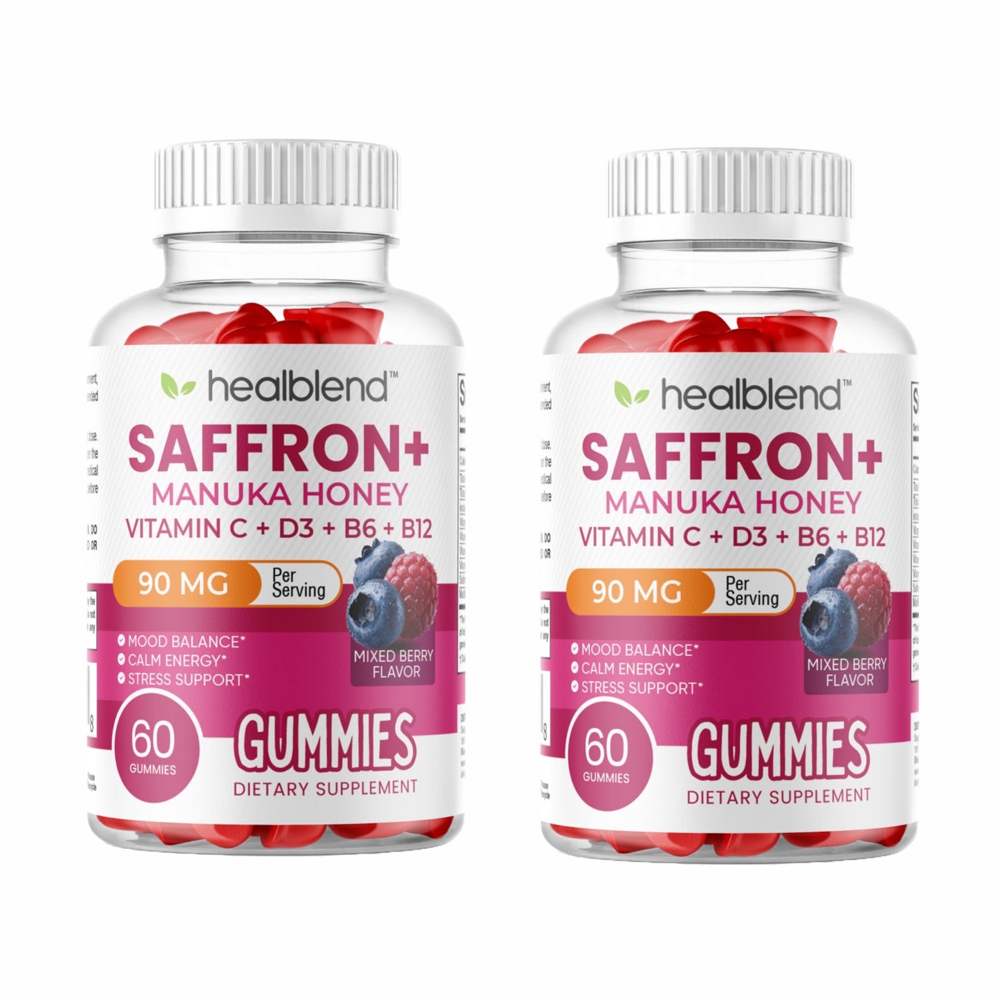 Saffron & Manuka Honey Mood Support Gummies for Stress Relief,  Calm Energy & Focus, Mixed Berry Flavor, 60 Count