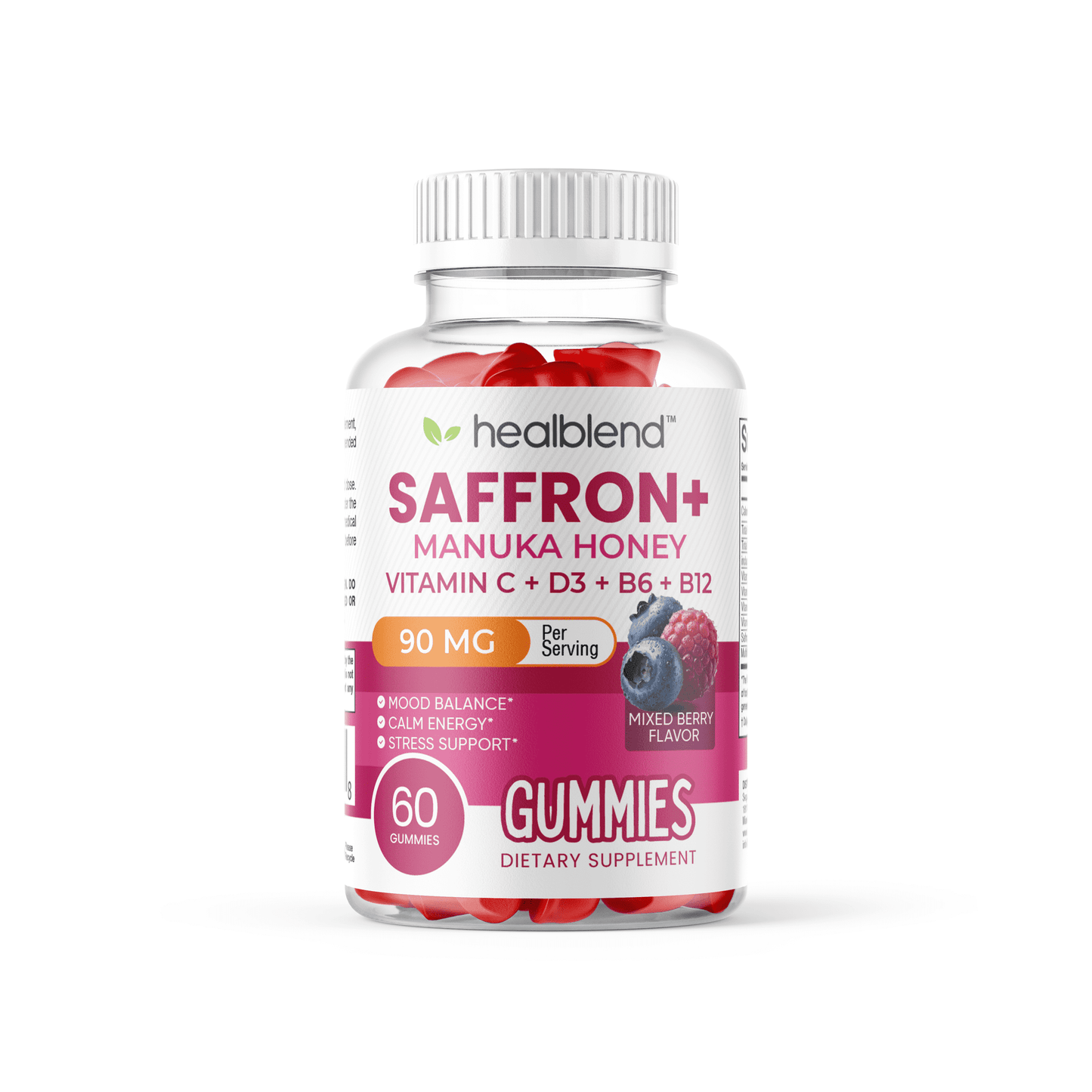 Saffron & Manuka Honey Mood Support Gummies for Stress Relief,  Calm Energy & Focus, Mixed Berry Flavor, 60 Count