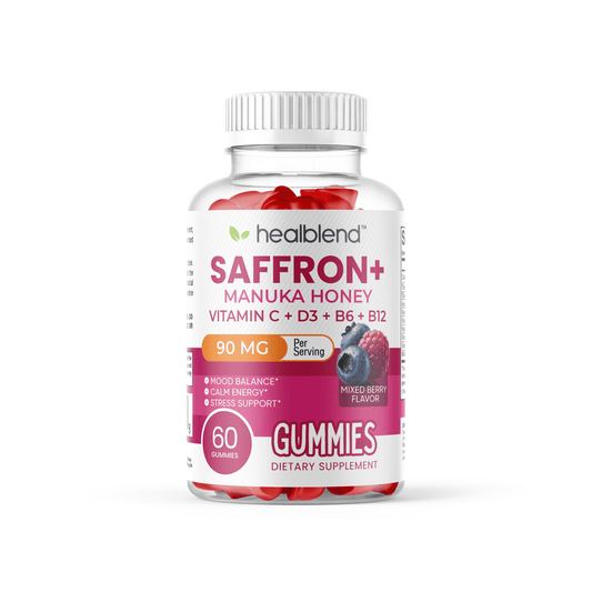 Saffron & Manuka Honey Mood Support Gummies for Stress Relief,  Calm Energy & Focus, Mixed Berry Flavor, 60 Count