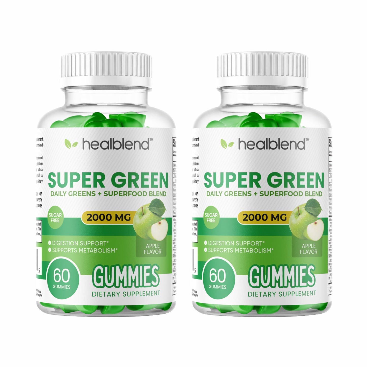 Super Green Gummies, 2000mg Daily Superfood Blend, Immune, Digestion & Metabolism Support - Apple Flavor, 60 Gummies