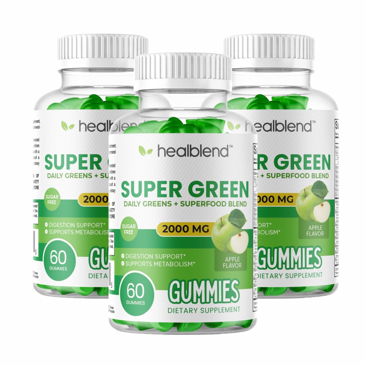 Super Green Gummies, 2000mg Daily Superfood Blend, Immune, Digestion & Metabolism Support - Apple Flavor, 60 Gummies