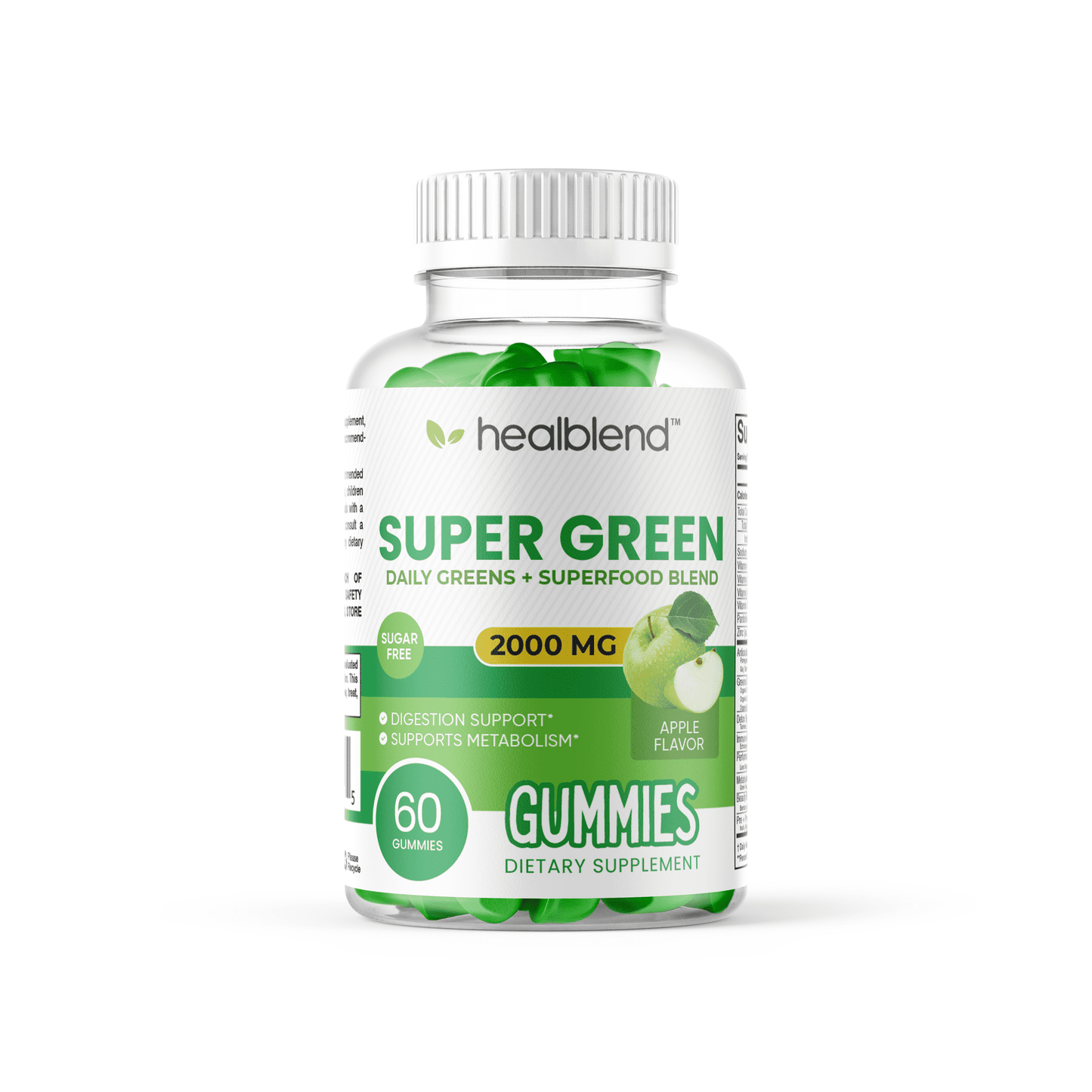 Super Green Gummies, 2000mg Daily Superfood Blend, Immune, Digestion & Metabolism Support - Apple Flavor, 60 Gummies