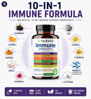 Healoblend 10-In-1 Immune Formula supplement bottle for ingredients including elderberry, zinc, vitamin C, vitamin E, turmeric, garlic, probiotic, and L-glutamine. Text at the top reads '10-IN-1 IMMUNE FORMULA' and a purple banner at the bottom lists capsule count, daily use, 60-day supply, 120 capsules, and daily immune support.