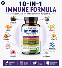Healoblend 10-In-1 Immune Formula supplement bottle for ingredients including elderberry, zinc, vitamin C, vitamin E, turmeric, garlic, probiotic, and L-glutamine. Text at the top reads '10-IN-1 IMMUNE FORMULA' and a purple banner at the bottom lists capsule count, daily use, 60-day supply, 120 capsules, and daily immune support.