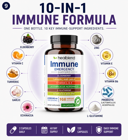 Healoblend 10-In-1 Immune Formula supplement bottle for ingredients including elderberry, zinc, vitamin C, vitamin E, turmeric, garlic, probiotic, and L-glutamine. Text at the top reads '10-IN-1 IMMUNE FORMULA' and a purple banner at the bottom lists capsule count, daily use, 60-day supply, 120 capsules, and daily immune support.