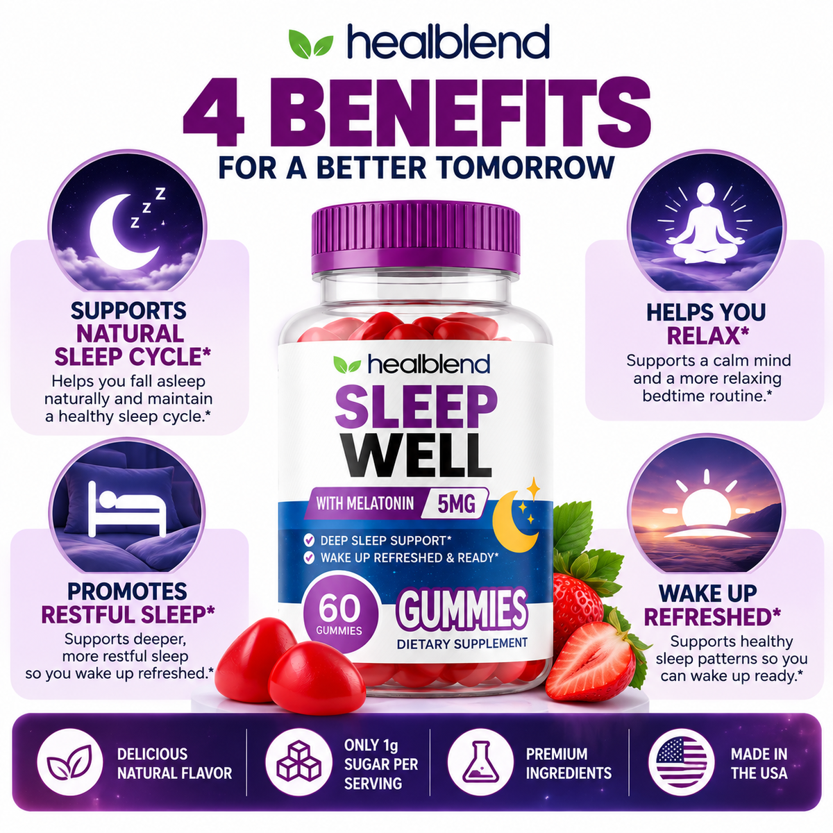 Sleep Well Melatonin 5 mg Gummies – Nighttime Sleep Support | 60 Gummies