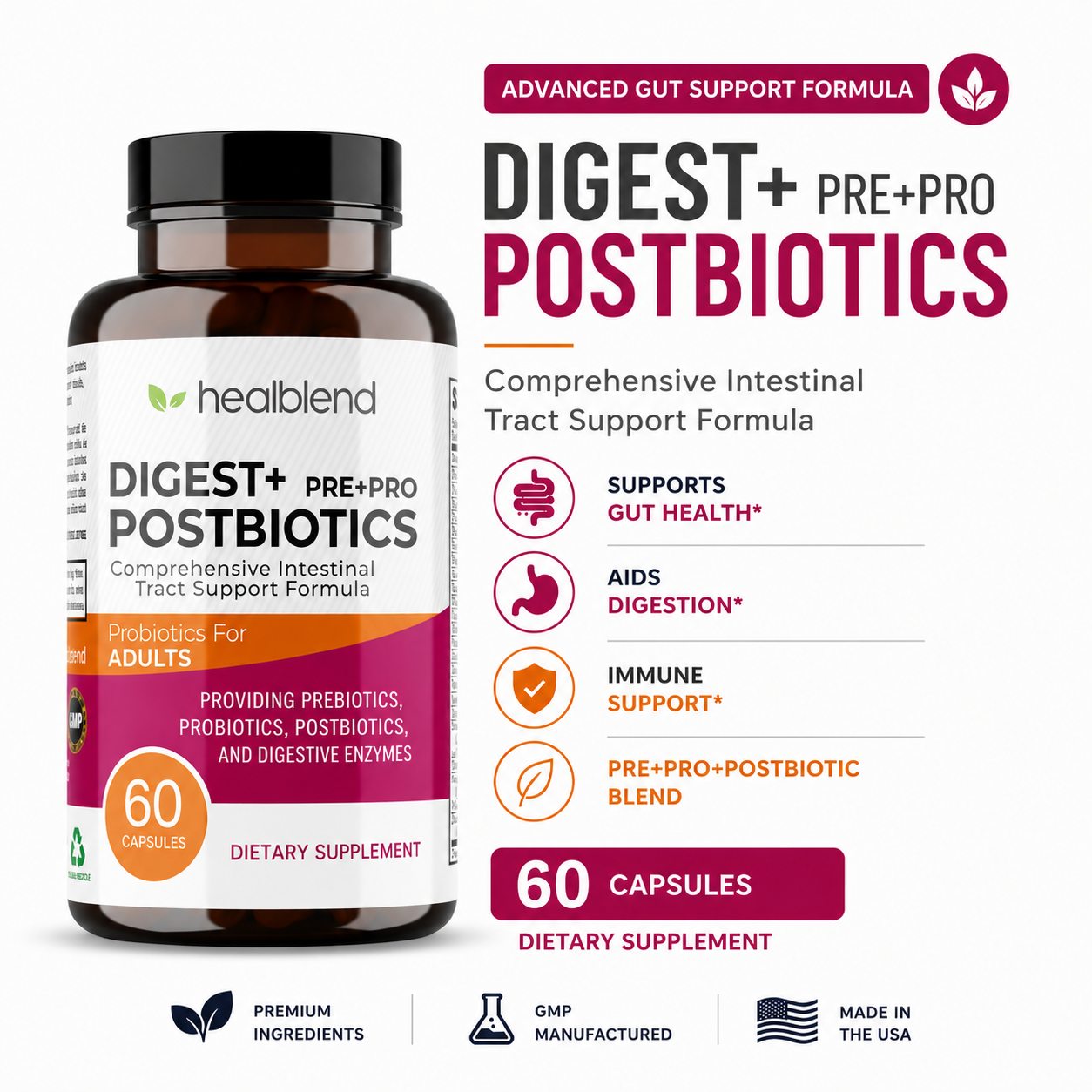 Diges + Prebiotic + Probiotic Supplement - Multi Digestive Enzymes Support Gut Health & Bloating Relief for Women & Men - 60 Capsules