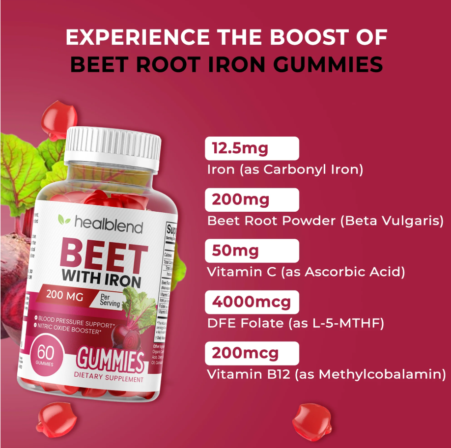 Beet Root Gummies 200mg - Nitric Oxide Booster Beets with Iron for Heart Health, Circulation & Healthy Blood Pressure Support - 60 Gummy