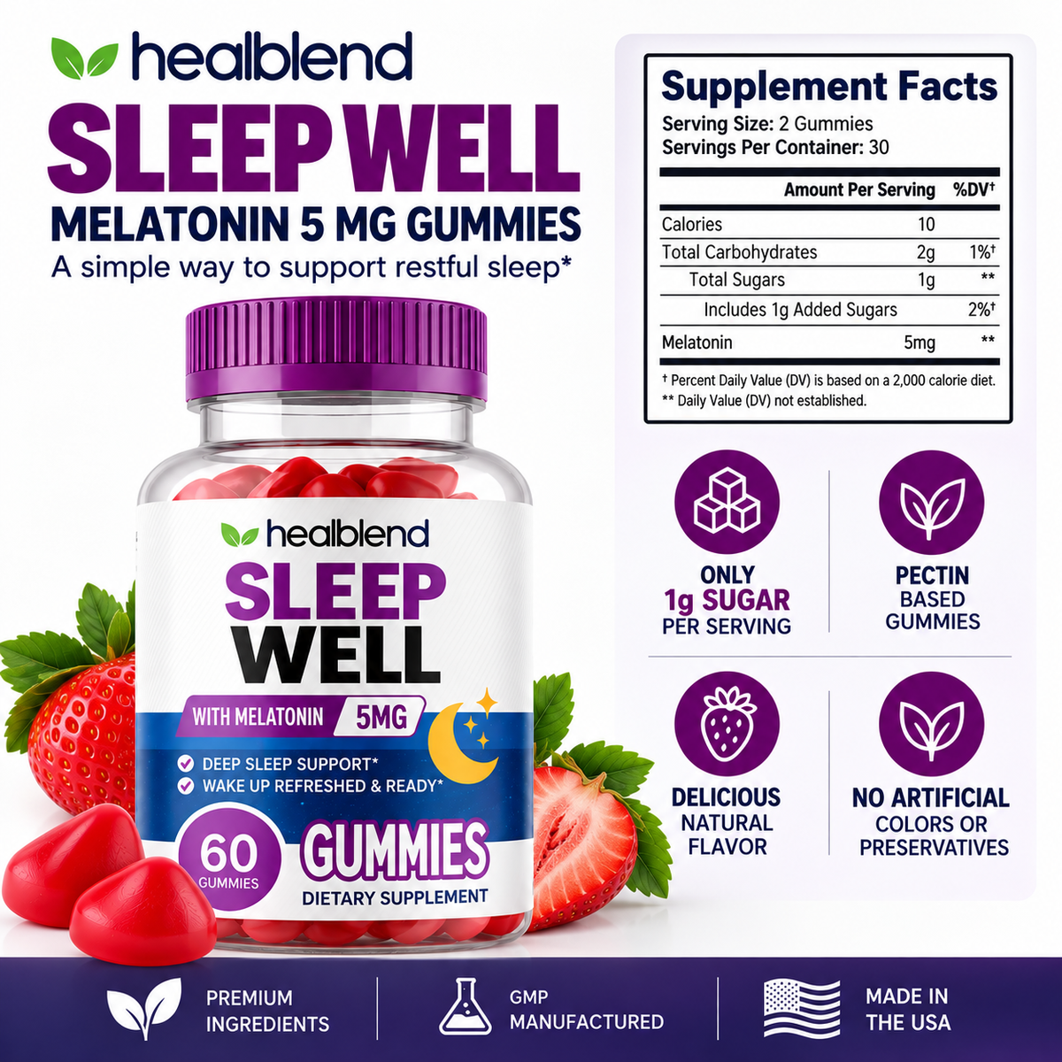 Sleep Well Melatonin 5 mg Gummies – Nighttime Sleep Support | 60 Gummies