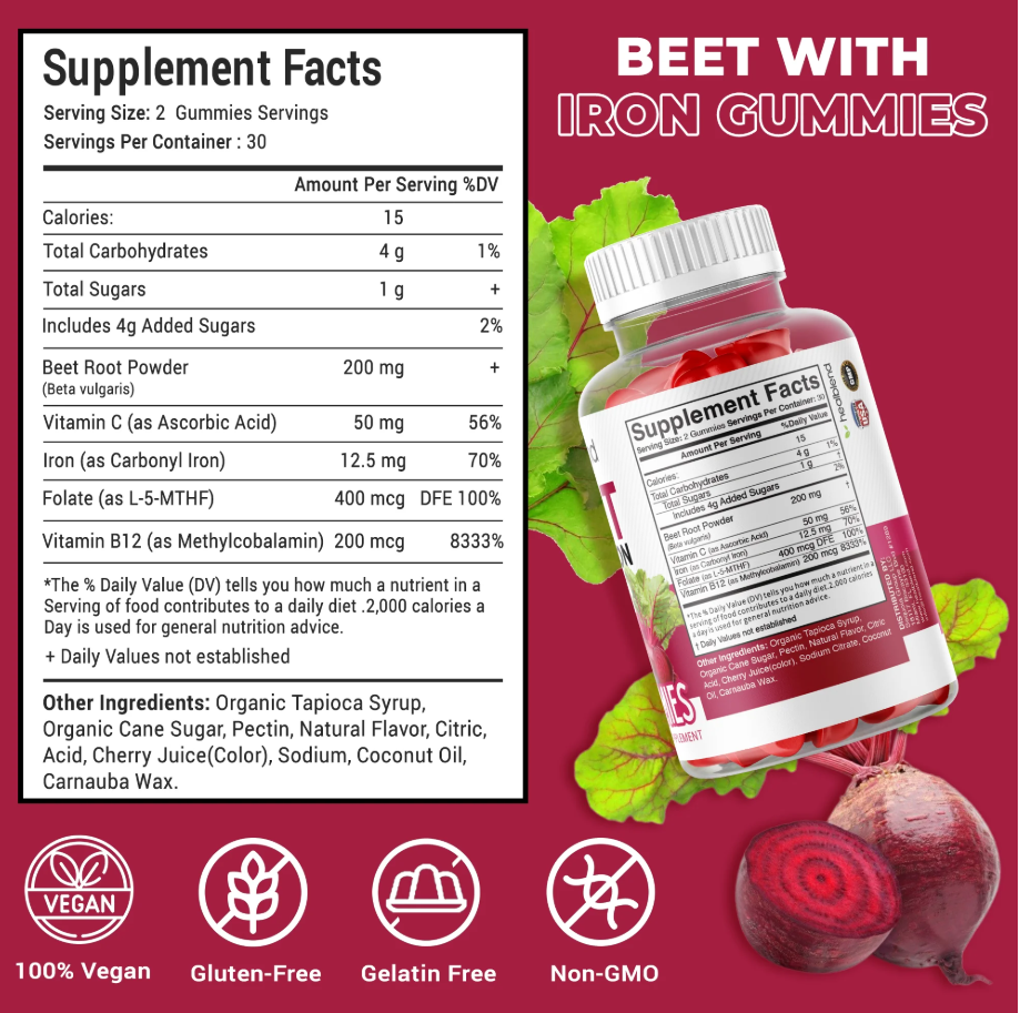 Beet Root Gummies 200mg - Nitric Oxide Booster with Iron for Heart Health, Circulation & Blood Pressure Support, Natural Flavored - 60 Gummies