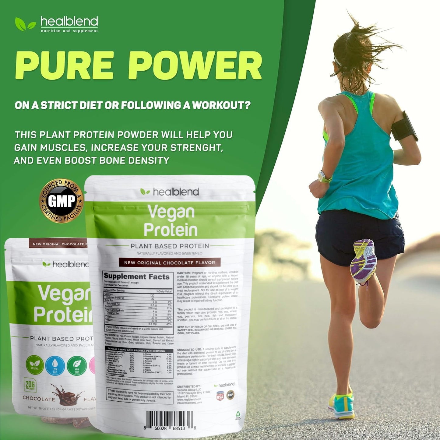 Organic Vegan Protein Powder Chocolate Flavor - 20g Plant Based Pea Protein Isolate for Muscle Support and Recovery - 16 Oz