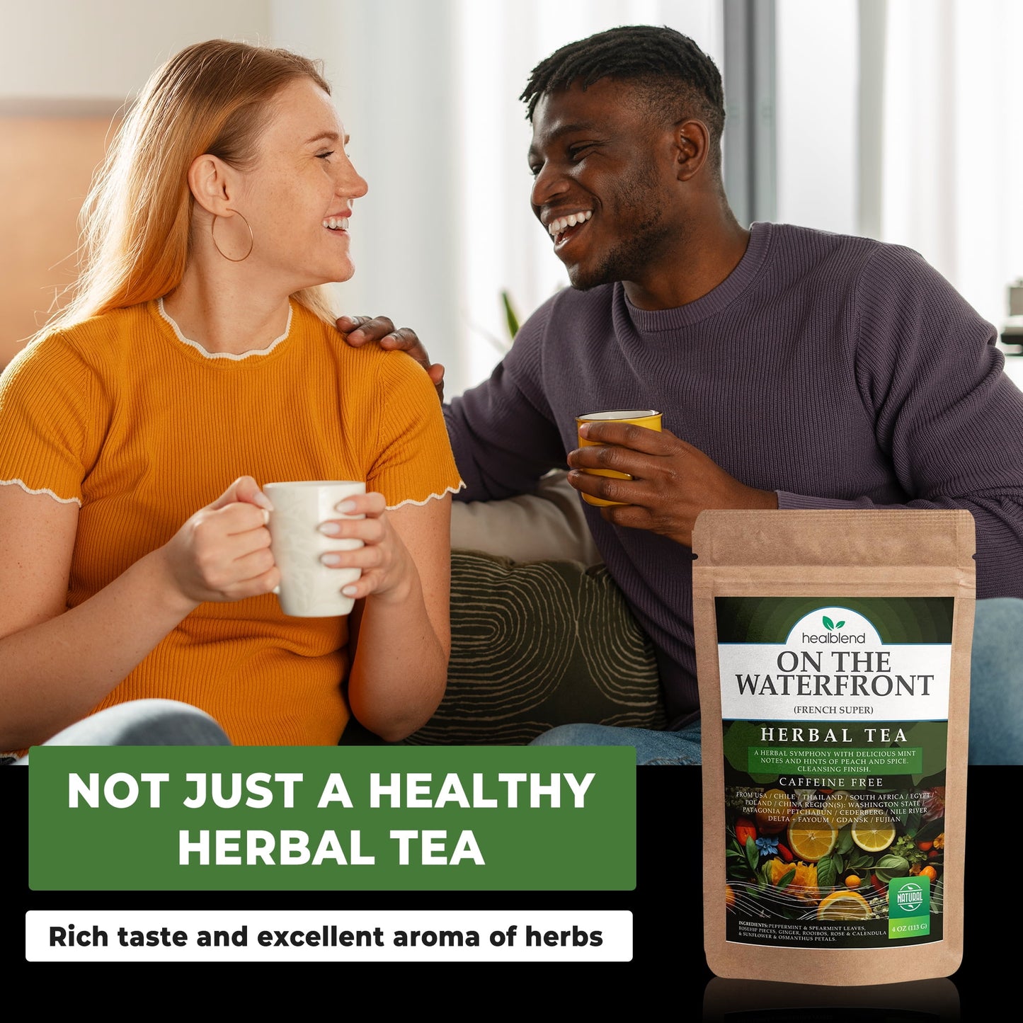 On The Waterfront Herbal Tea - Supports Hydration & Wellness, Raspberry Leaf, Spearmint and Peppermint Loose Leaf Tea, Caffeine Free - 4 Oz