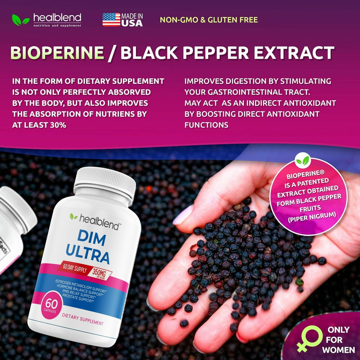 Ultra DIM Supplement 350mg - Supports Estrogen Blocker, Hormone Balance & Menopause for Women with Broccoli Extract, Bioperine - 60 Capsules