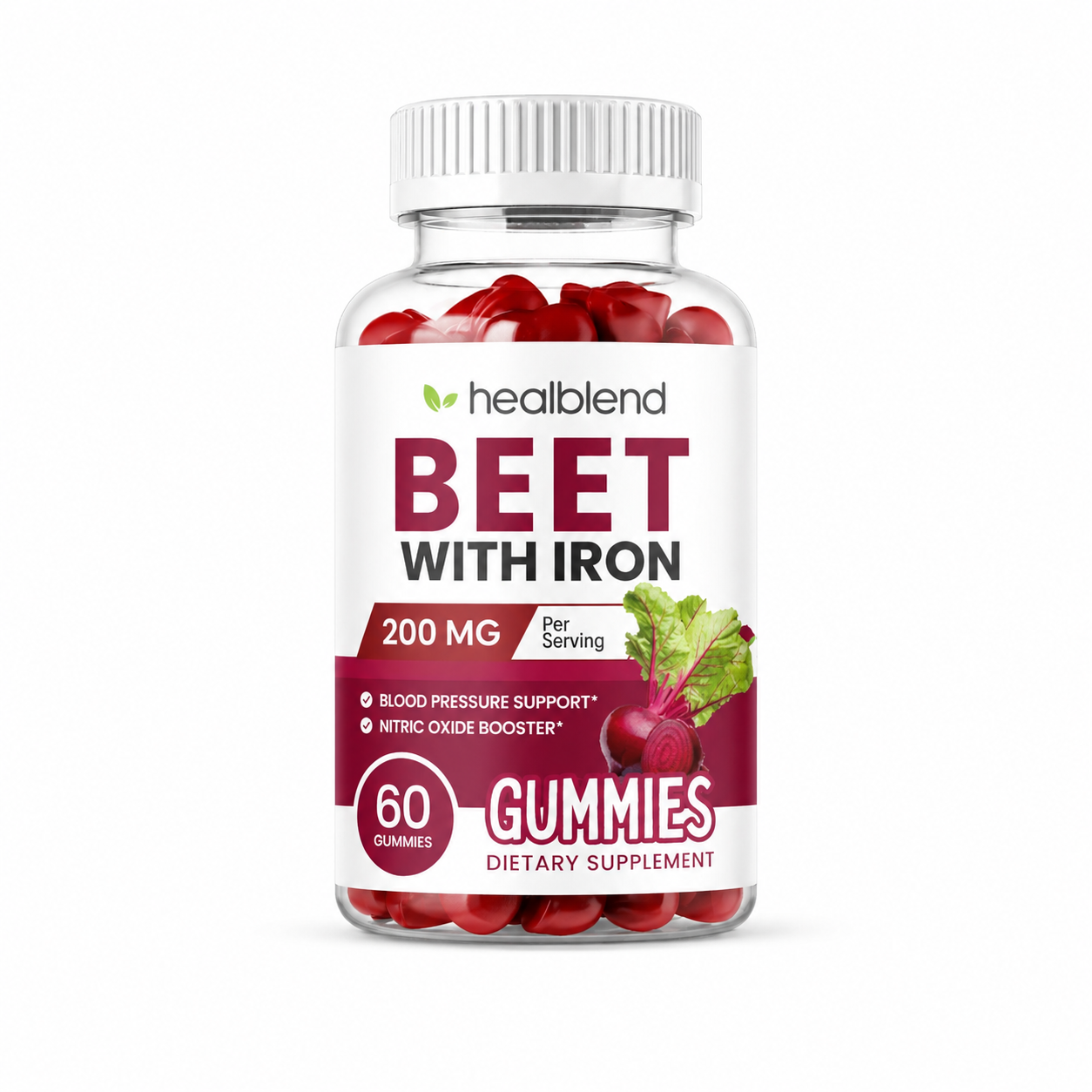 A bottle of Healblend Beet with Iron Gummies, 200 mg, 60 count, shown on a clean white background. The clear bottle reveals red gummy capsules inside, and the label features a white background with dark red and black text, along with an illustration of a beet with green leaves.