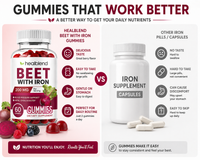 A promotional comparison graphic for Healblend Beet with Iron Gummies versus Iron Supplement Capsules. The left side shows a bottle of red gummies with fruit imagery and text highlighting benefits like delicious berry flavor and easy to take.