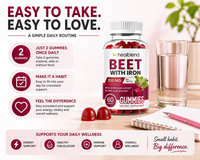 A bottle of HealtBlend Beet with Iron dietary supplement, 200 mg, shown on a tabletop next to a glass of water, gummy candies, and promotional text highlighting easy daily intake and wellness benefits.